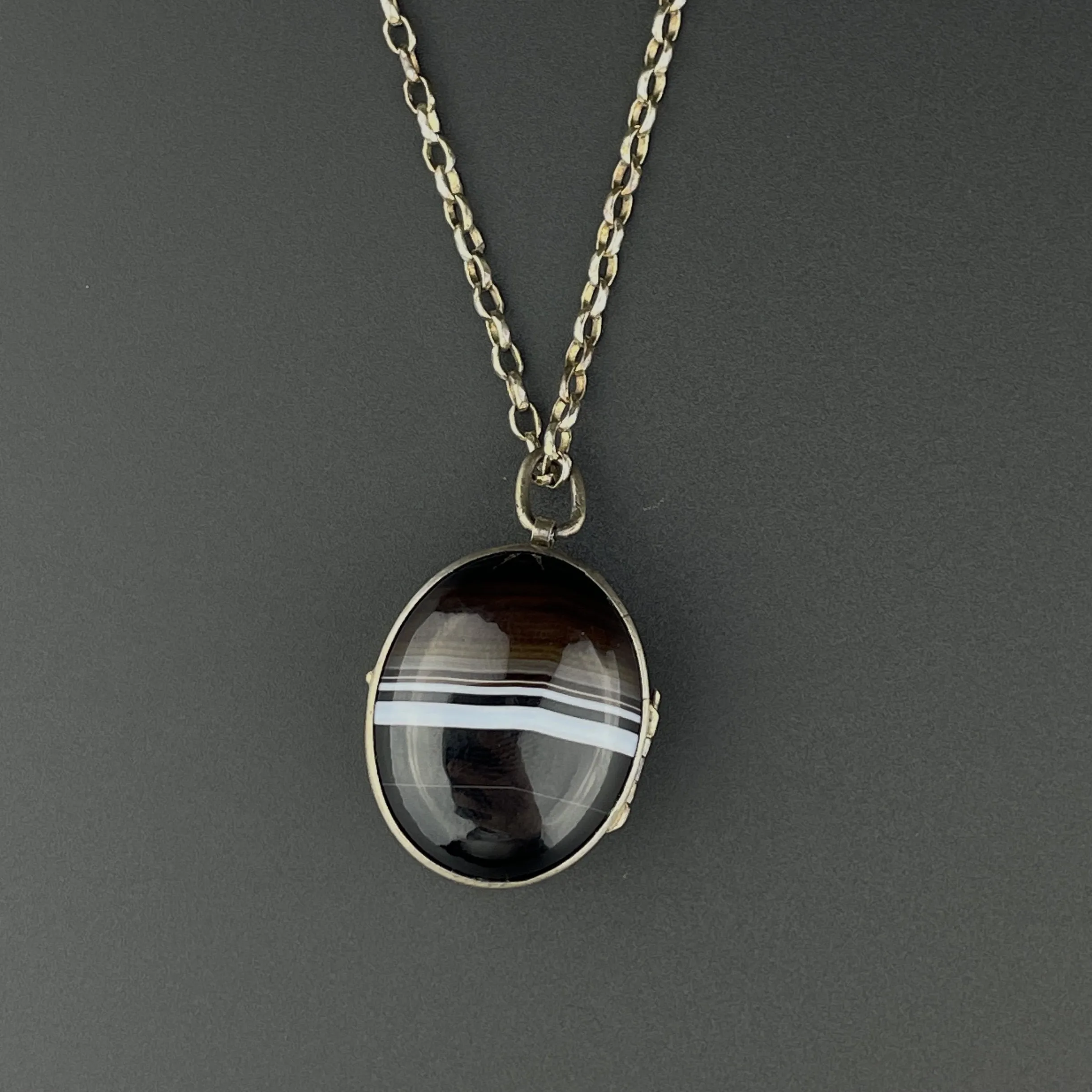 Victorian Silver Banded Agate Locket Pendant Necklace