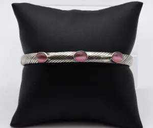 Vintage Sterling Silver Pink Cat's Eye Glass Cuff Bracelet