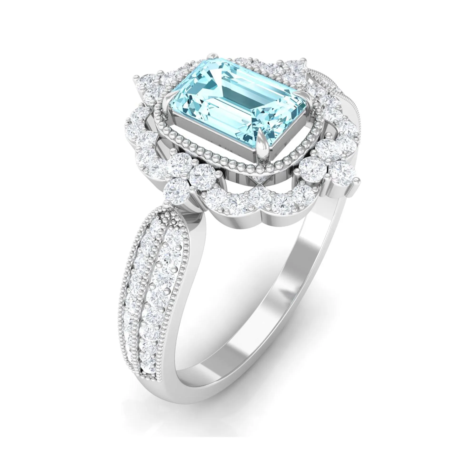 Vintage Style Octagon Aquamarine Engagement Ring with Diamond Floral Halo
