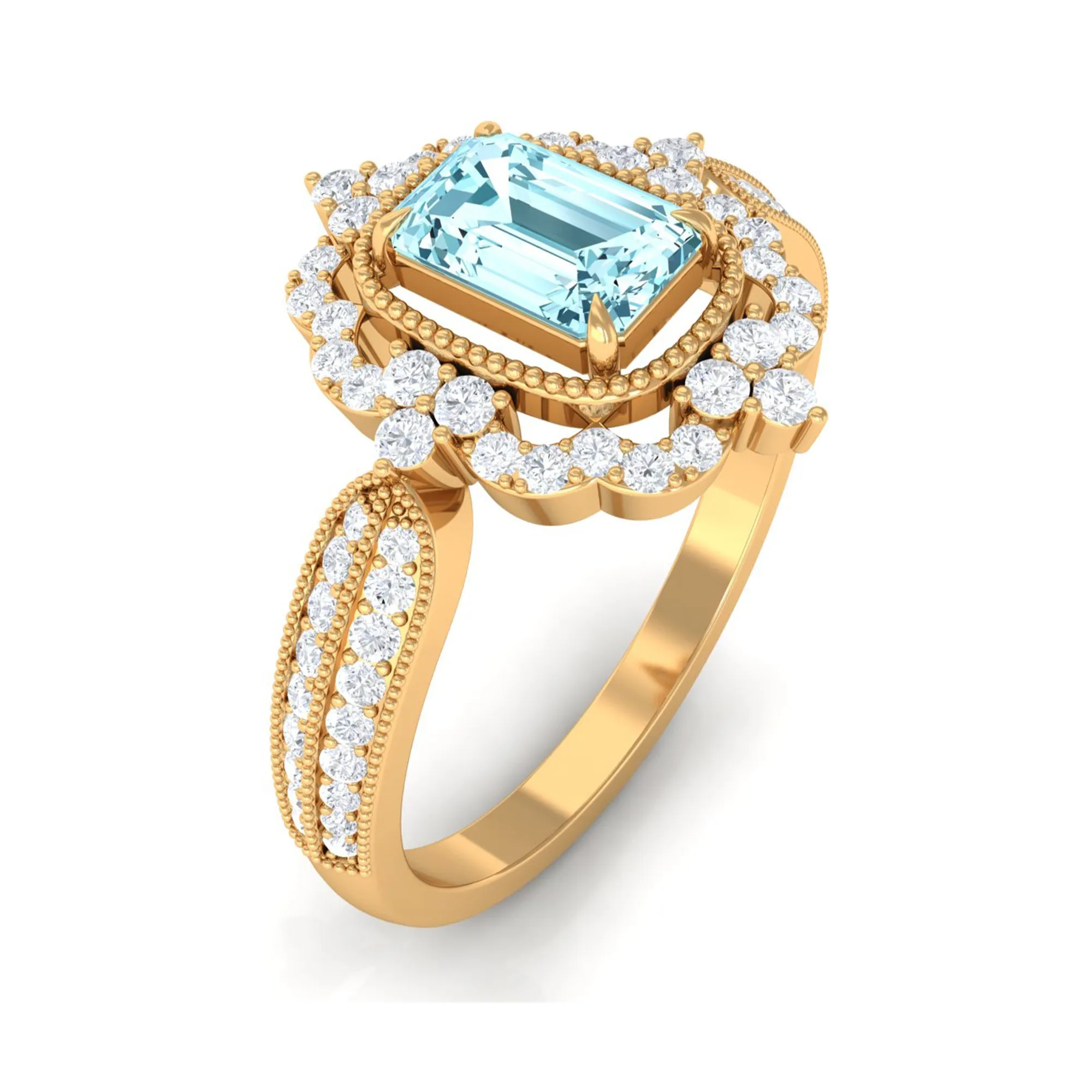 Vintage Style Octagon Aquamarine Engagement Ring with Diamond Floral Halo
