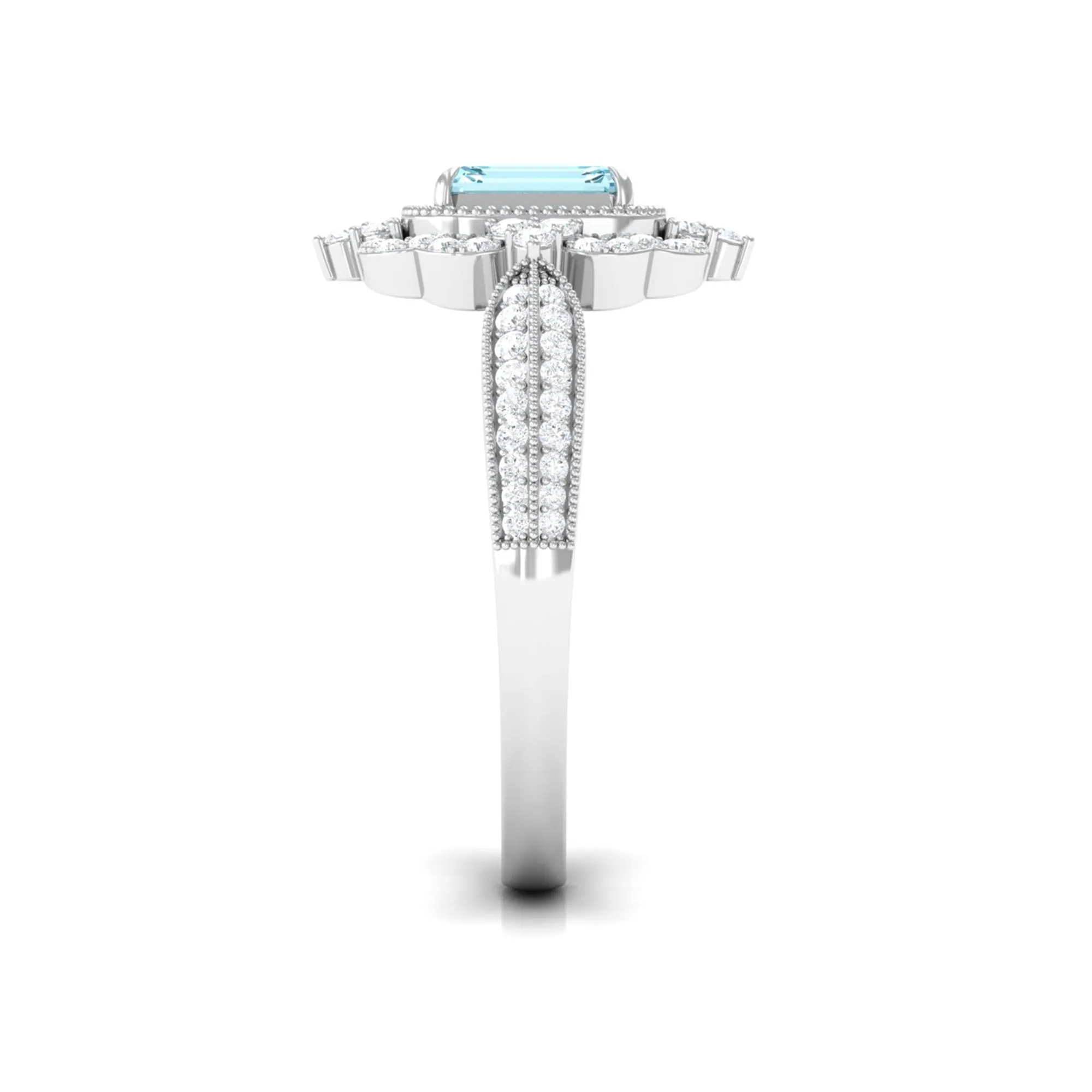 Vintage Style Octagon Aquamarine Engagement Ring with Diamond Floral Halo