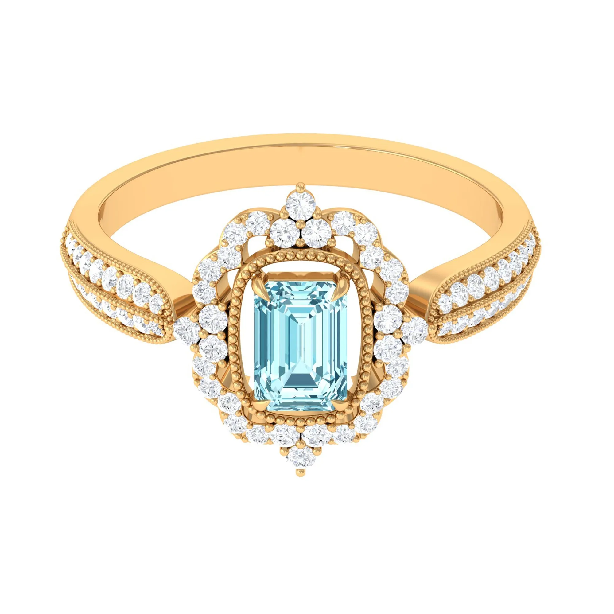 Vintage Style Octagon Aquamarine Engagement Ring with Diamond Floral Halo