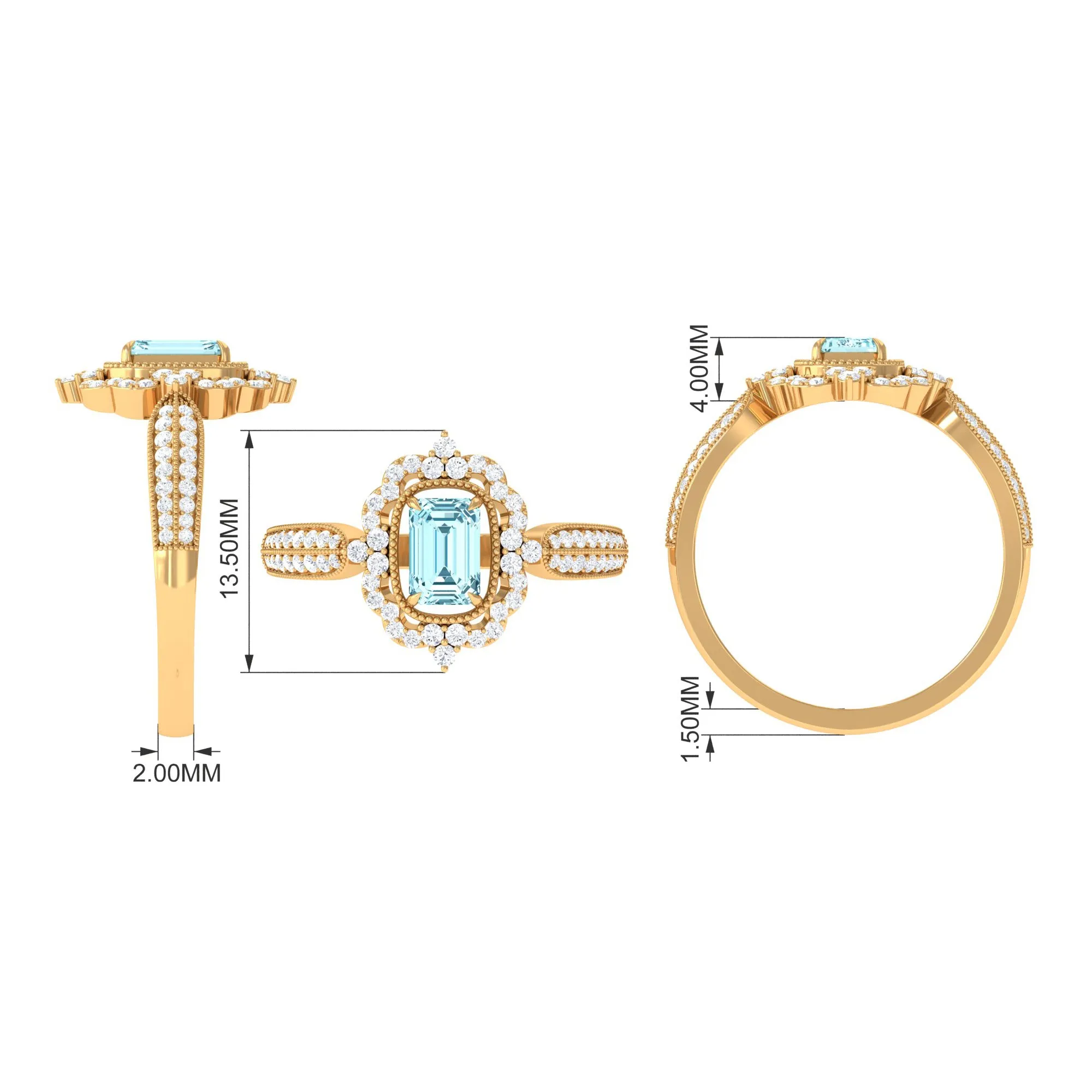 Vintage Style Octagon Aquamarine Engagement Ring with Diamond Floral Halo