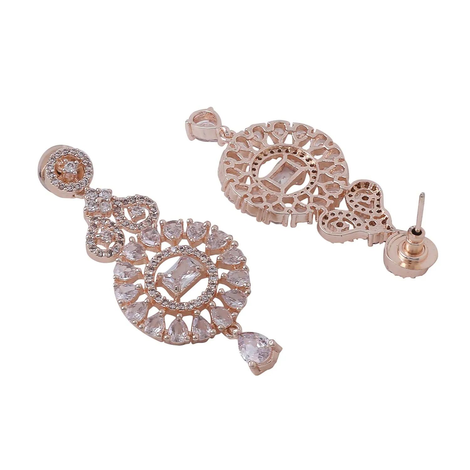 Yellow Chimes Jewellery Set for Women and Girls American Diamond Jewellery Set | Rose Gold Tone Drop Designed White AD Necklace Set | Birthday Gift for girls and women Anniversary Gift for Wife