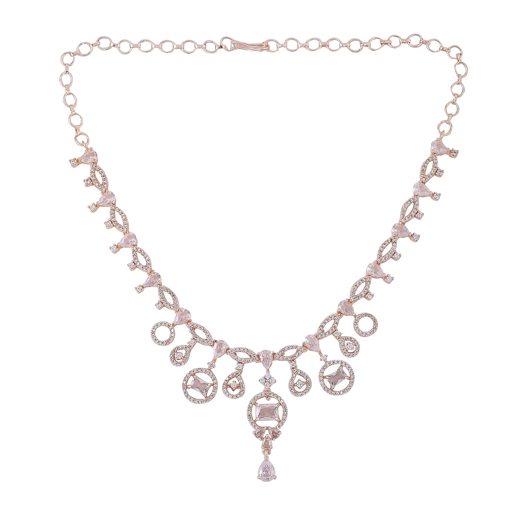 Yellow Chimes Jewellery Set for Women and Girls American Diamond Jewellery Set | Rose Gold Tone Drop Designed White AD Necklace Set | Birthday Gift for girls and women Anniversary Gift for Wife
