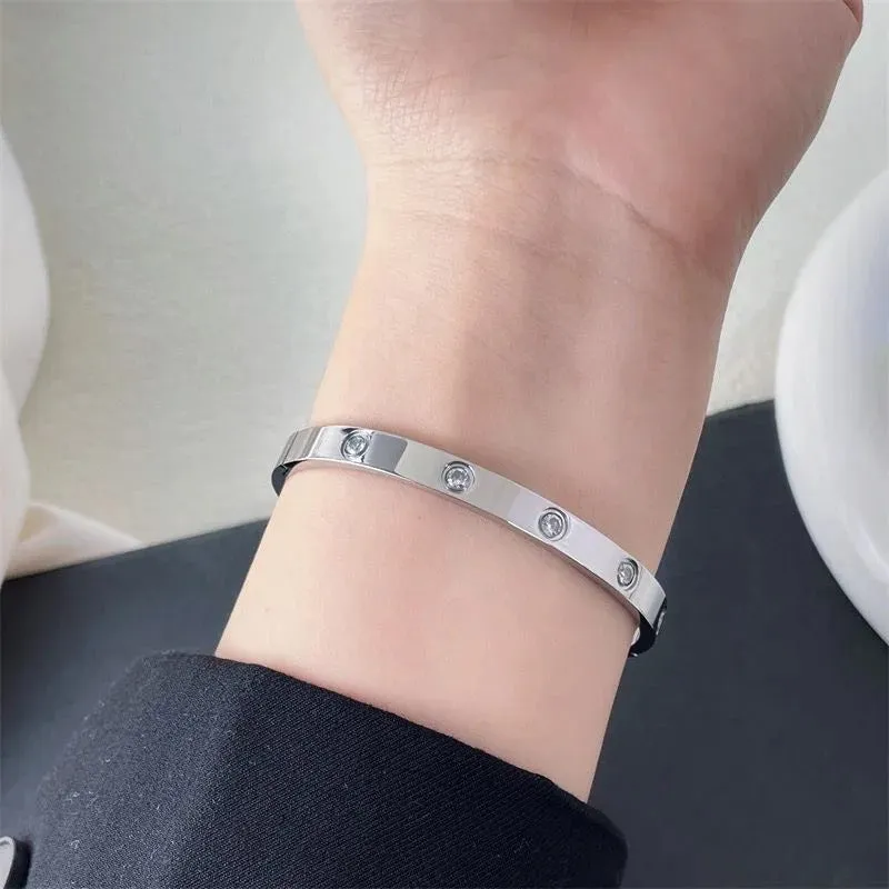 Zircon Encrusted Stainless Steel Bangle Bracelets for Women